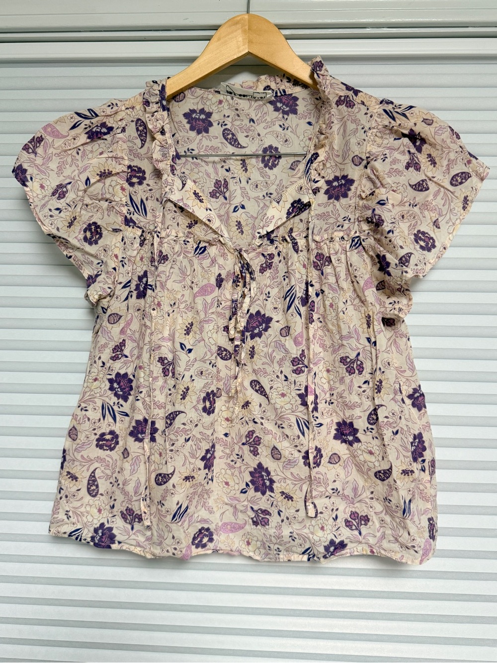 Self Contrast  Tie-Neck Cotton Blouse - Purple on Pink - L
